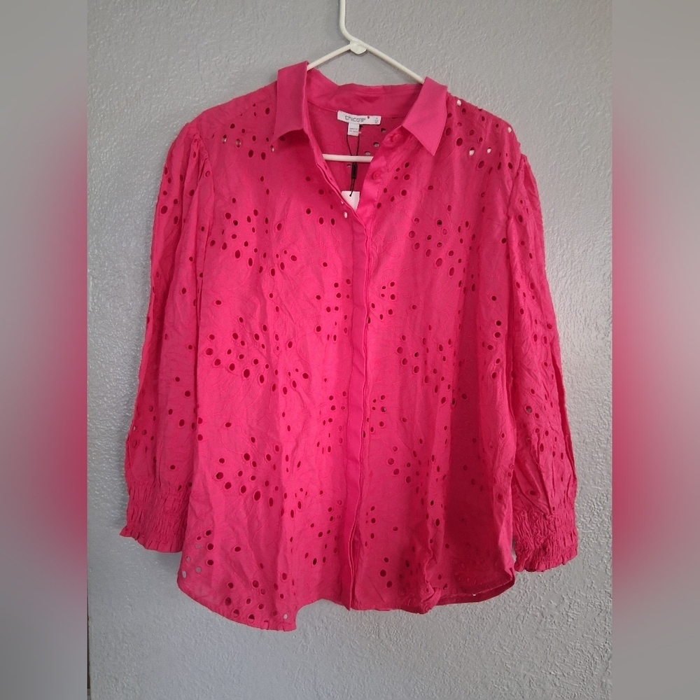 Chico's NWT Solid Pink Emb T oidered Flower Eyelet Button Down Pink Bromeliad 20 - Picture 2 of 7